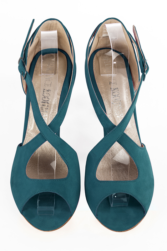 Peacock blue women's closed back sandals, with crossed straps. Round toe. High kitten heels. Top view - Florence KOOIJMAN